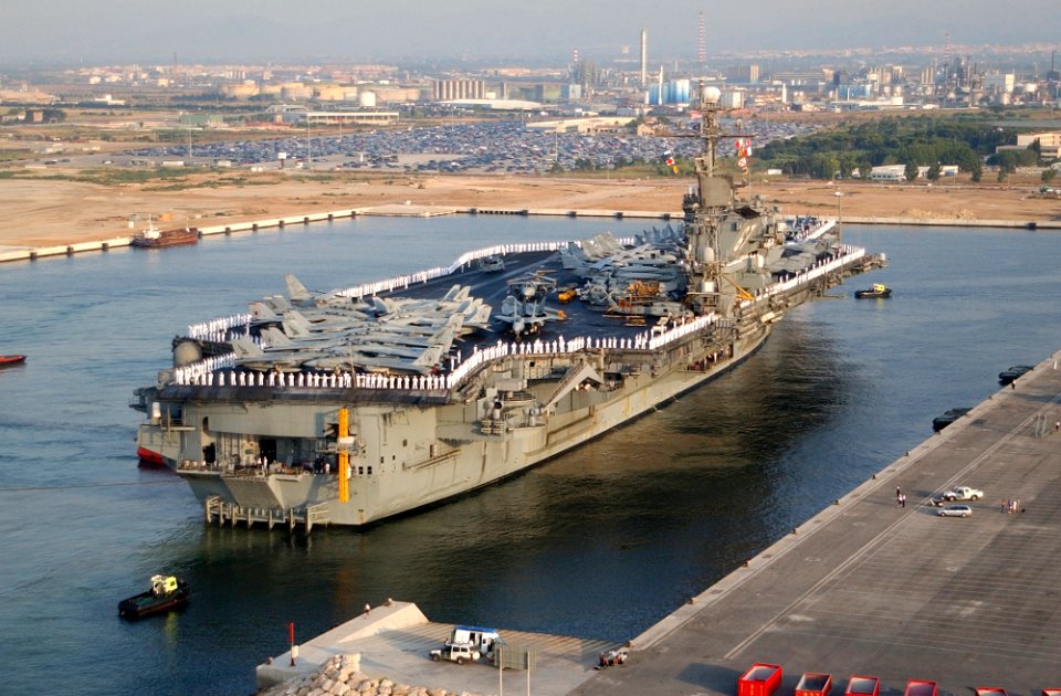 US Navy 020803-N-6492H-503 USS Kennedy (CV 67) pulls into Spain for a port visit