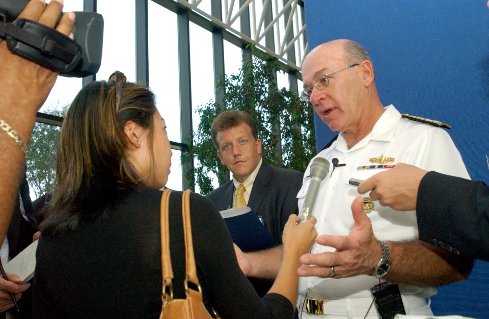 US Navy 021002-N-2383B-691 Admiral Vern Clark, Chief of Naval Operations is takes questions from local media at the Virginia Beach Convention Center