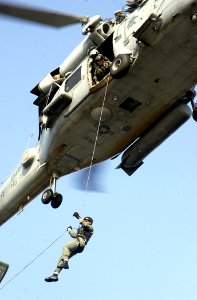 US Navy 021006-N-2781V-105 A Sailor assigned to Explosive Ordnance Disposal (EOD) Team Two, Detachment Two Four, rappels to the flight deck from an SH-60