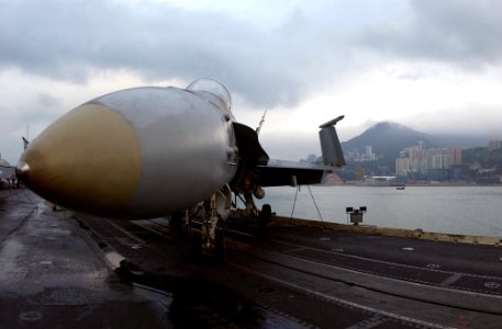US Navy 021129-N-1810F-004 F-A-18 rests on the bow