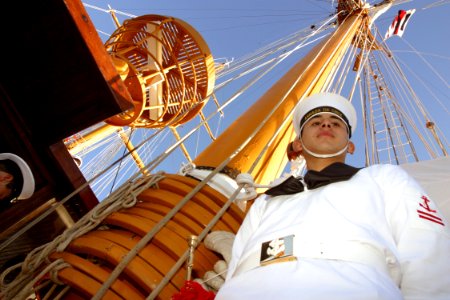 US Navy 021101-N-3228G-002 A Sailor aboard the Chilean training ship 'Esmeralda' (BE-43)