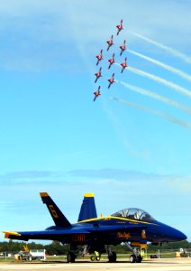 US Navy 020922-N-5319A-501 The 'Canadian Snowbirds' fly nine CT-114 'Tutors' over one of the Blue Angels F-A-18 'Hornets' during the '2002 Neptune Festival Air Show'
