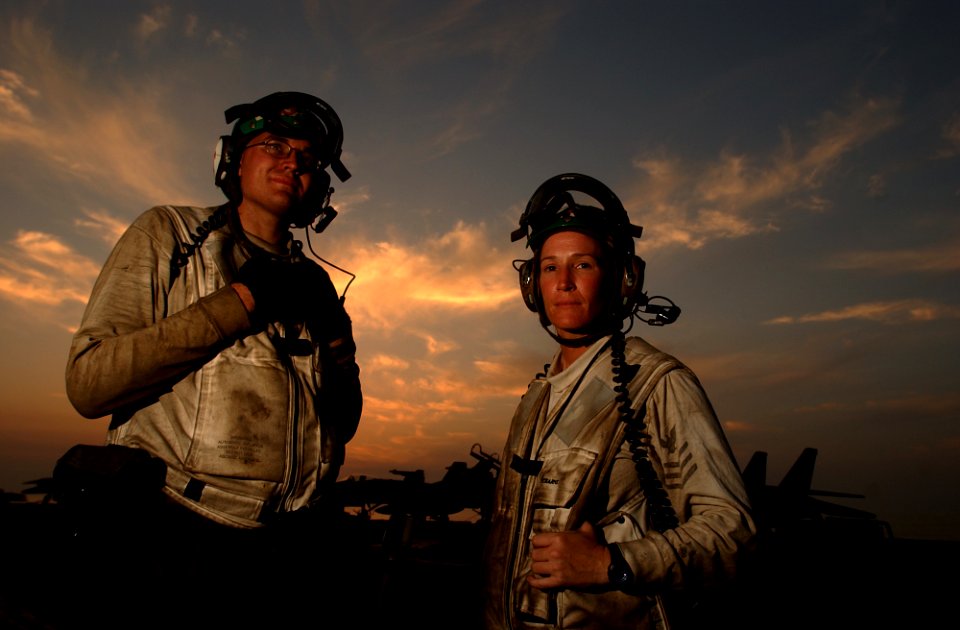 US Navy 021029-N-4309A-013 Aviation Machinist's Mate 2nd Class Corey Villasana and Aviation Machinist's Mate 1st Class Julie Hollars, assigned as troubleshooters to the Eagles of Strike Fighter Squadron