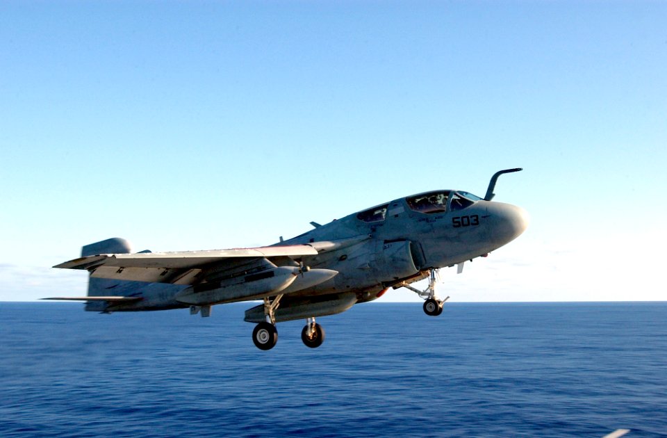 US Navy 021207-N-1810F-002 EA-6B Prowler launches from one of four steam powered catapults on the ship's flight deck