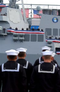 US Navy 021109-N-2383B-678 Sailors assigned to the newly commissioned guided missile destroyer USS Preble (DDG 88) man the ship and bringing her life as part of her commissioning ceremony
