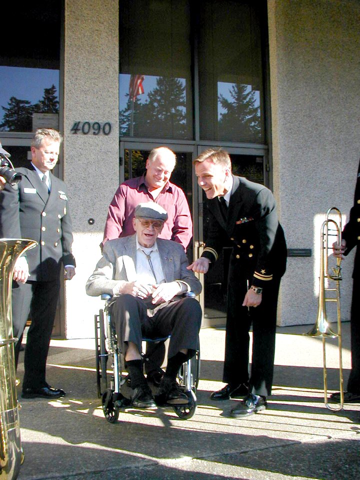 US Navy 021104-N-0000X-031 Retired Chief Musician Elmer Melby celebrates his 100th birthday