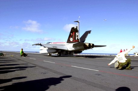 US Navy 020918-N-2385R-001 An F-A-18E Super Hornet assigned to the Tophatters of Strike Fighter Squadron One Four (VFA-14) prepares to launch