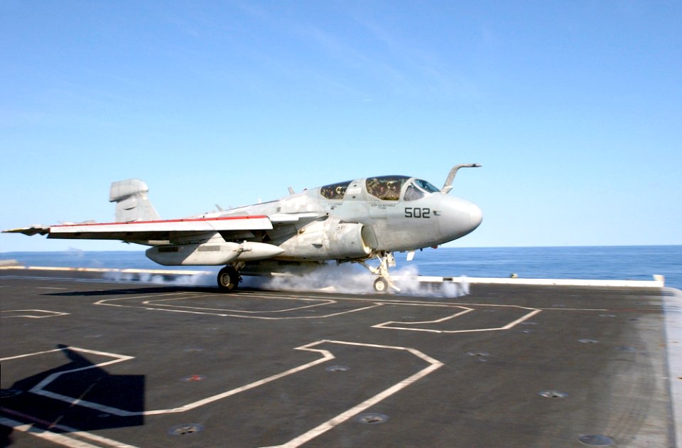 US Navy 030131-N-1810F-008 An EA-6B launches from one of four steam powered catapults on the ship's flight deck
