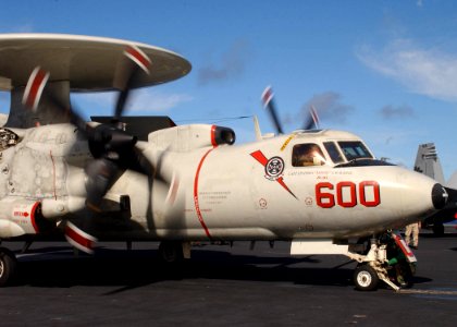 US Navy 030116-N-6895M-502 Hawkeye approaches one of four steam catapults on the ship's flight deck in preparation for launch