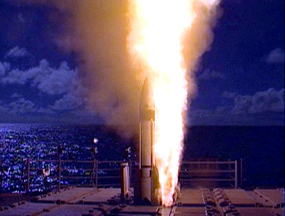 US Navy 021121-N-0000X-002 A developmental Standard Missile-3 (SM-3), designed to intercept short to medium-ranged ballistic missile threats