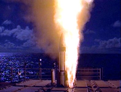 US Navy 021121-N-0000X-002 A developmental Standard Missile-3 (SM-3), designed to intercept short to medium-ranged ballistic missile threats