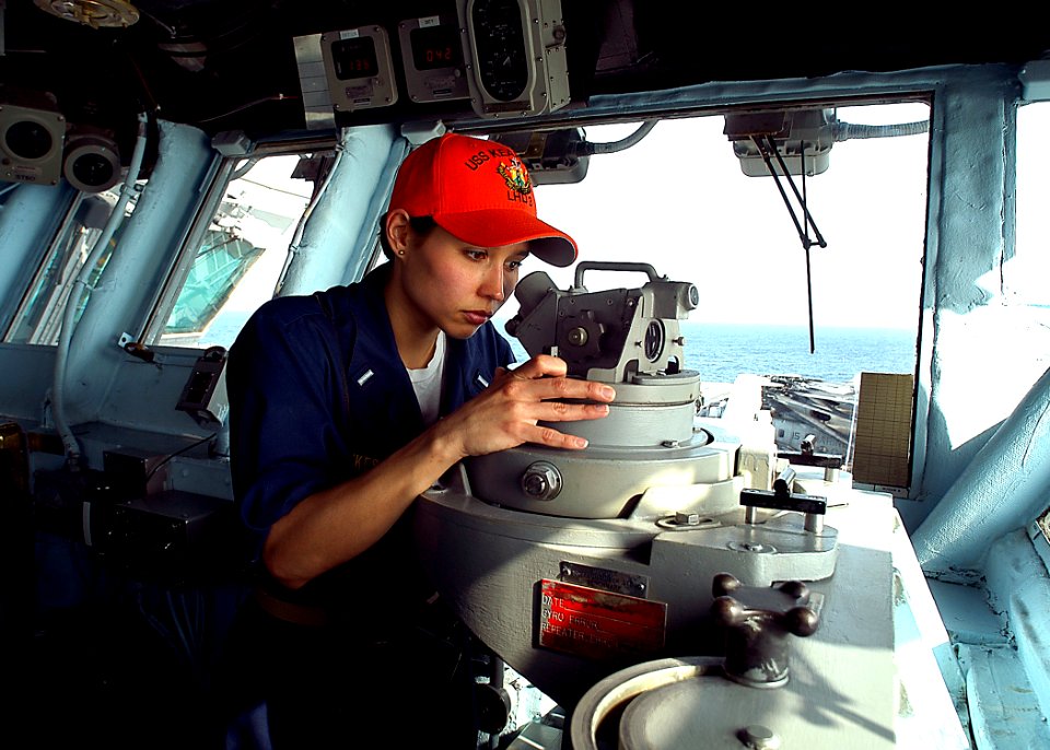 US Navy 030208-N-4048T-103 U.S. Navy Lt. j.g. Karen Sankes stands watch as Officer of the Deck while transiting the Red Sea
