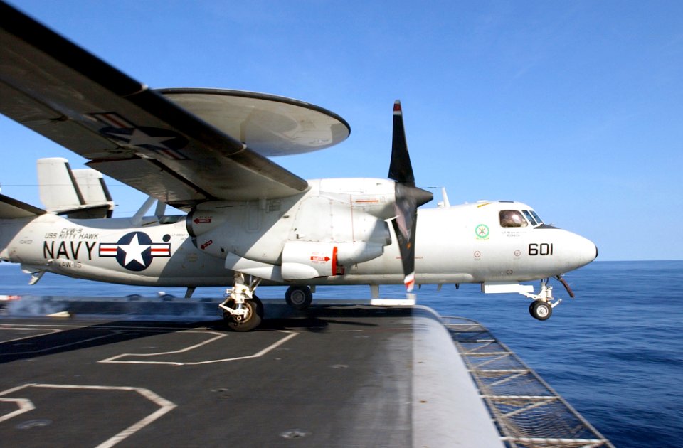 US Navy 030131-N-1810F-005 A E-2C launches from one of four steam-powered catapults on the ship's flight deck