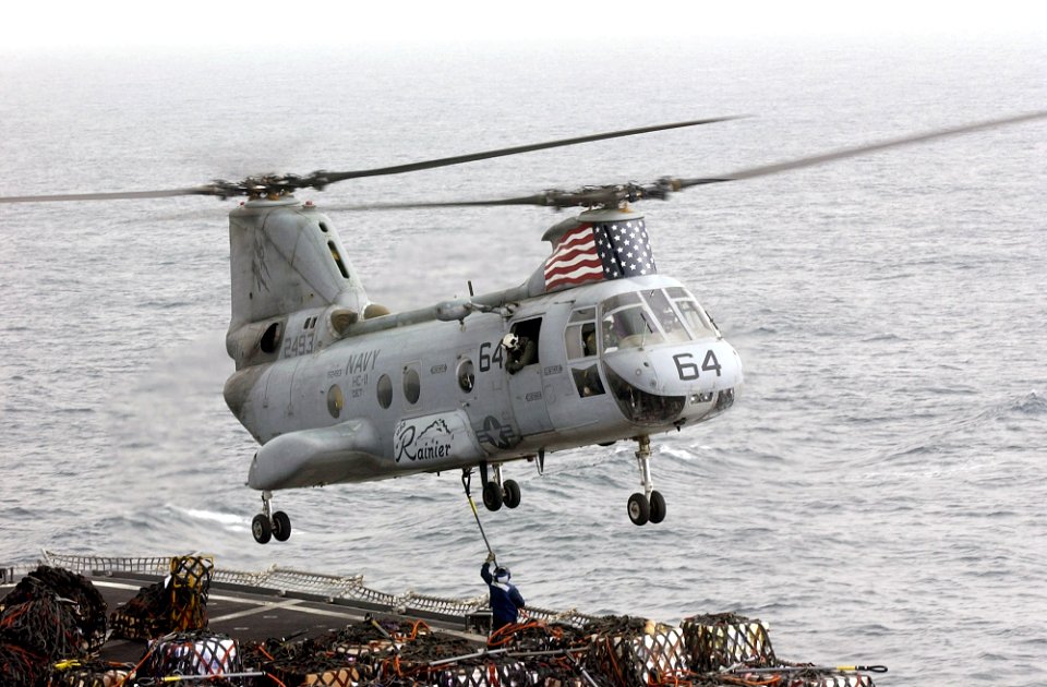 US Navy 030214-N-4142G-011 A CH-46 Sea Knight helicopter