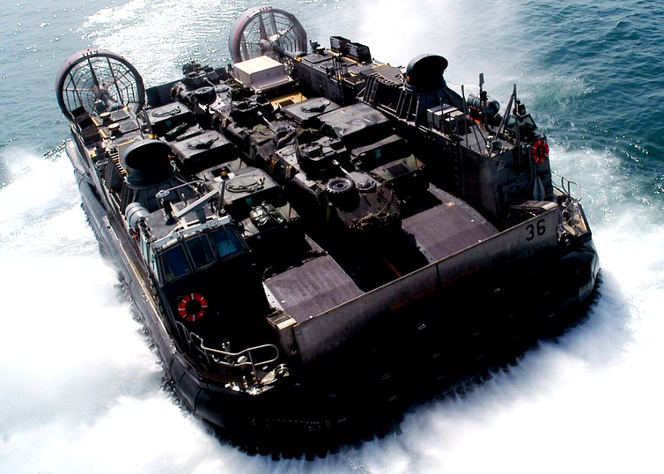 US Navy 030215-N-4048T-081 LCAC leaves USS Kearsarge loaded equipment