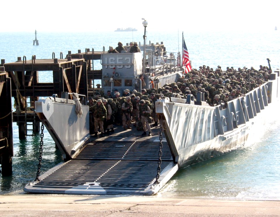 US Navy 030217-N-1050K-011 More than 1,000 U.S. Marines arrive ashore via Landing Craft Utility (LCU) vehicles in a port facility in Kuwait