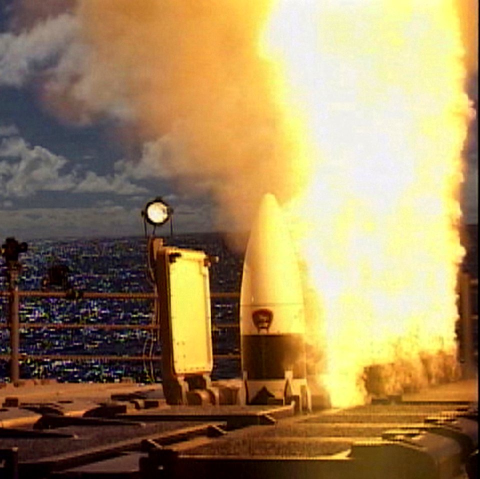 US Navy 021121-N-0000X-005 A developmental Standard Missile-3 (SM-3), designed to intercept short to medium-ranged ballistic missile threats, is launched from the Pearl Harbor-based Aegis cruiser USS Lake Erie (CG 70)