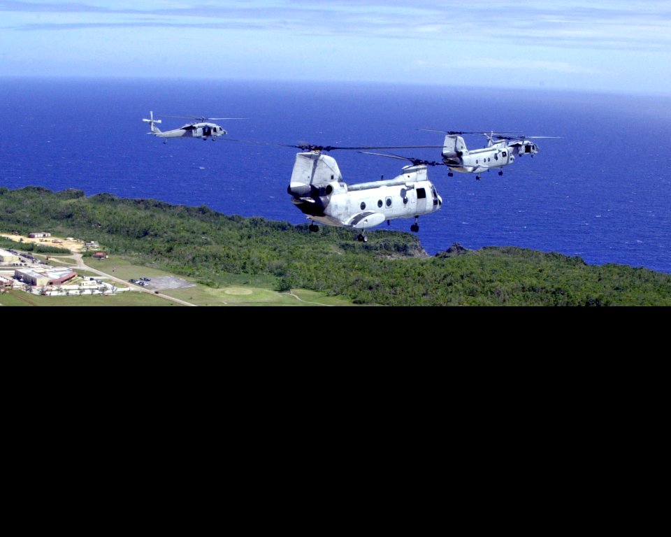 US Navy 030116-F-3488S-013 Two UH-46 Sea Knights and two UH-60 Black Hawks fly over Andersen as part of a six-helicopter formation during flight training