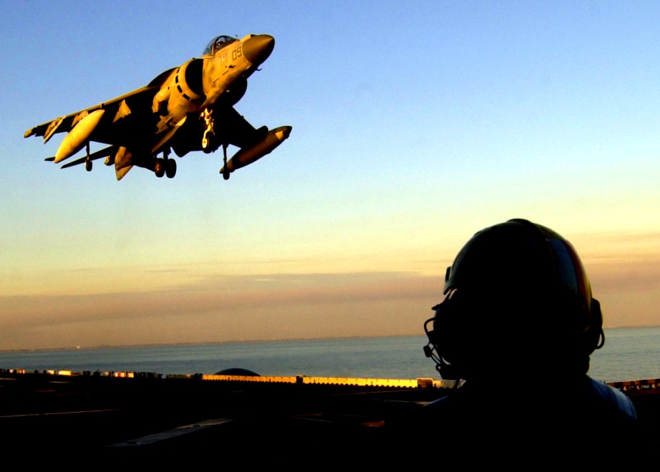 US Navy 030114-N-2972R-085 AV-8B II Harrier during landing and recovery operations on the ship's flight deck