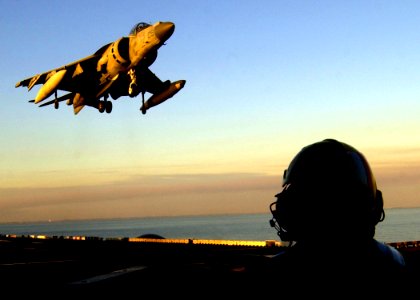 US Navy 030114-N-2972R-085 AV-8B II Harrier during landing and recovery operations on the ship's flight deck