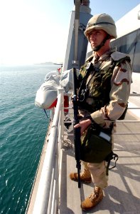 US Navy 030126-N-5319A-010 Staff Sgt. Marcus Gandee stands guard with an M-16 machine gun photo