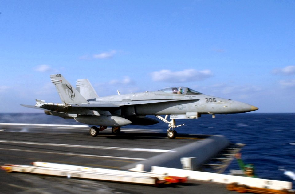 US Navy 021109-N-1810F-011 F-A-18 Hornet makes a catapult launch from USS Kitty Hawk