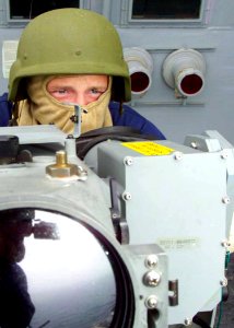 US Navy 030225-N-2972R-011 While at sea aboard the amphibious assault ship USS Kearsarge (LHD 3), Signalman Seaman Gary James conducts training with an AN-KAS-1A Chemical Warfare Directional Detector (CWDD) at a general quarter