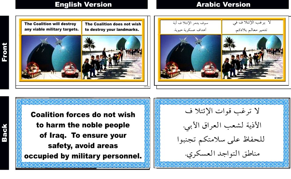 US Navy 030130-D-0000X-001 Coalition aircraft have been dropping leaflets that coalition aircraft is only interested in military targets, not Iraqi landmarks