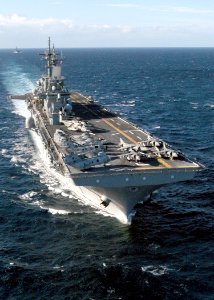 US Navy 030131-N-2972R-038 The amphibious assault ship USS Bataan (LHD 5) steams along with the Kearsarge while underway in the Mediterranean Sea