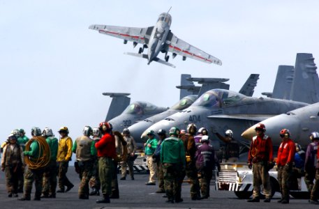 US Navy 030301-N-1810F-014 An EA-6B Prowler assigned to the Gauntlets of Electronic Attack Squadron One Three Six (VAQ-136) launches off the bow of USS Kitty Hawk (CV 63)
