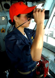 US Navy 030208-N-4048T-108 U.S. Navy Lt. j.g. Karen Sankes stands watch as Officer of the Deck while transiting the Red Sea