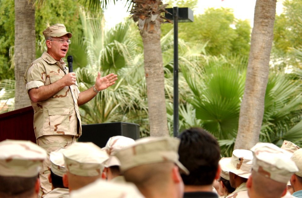 US Navy 030116-N-5319A-004 Adm. Vern Clark, Chief of Naval Operations (CNO), speaks with Sailors and Marines assigned to Naval Support Activity, Bahrain