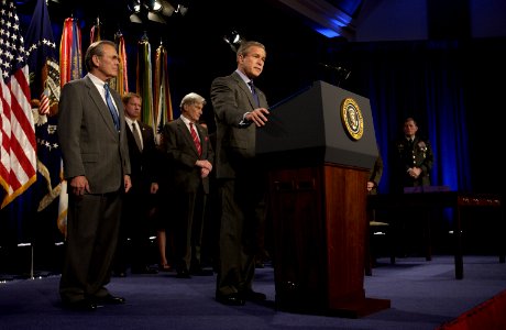 US Navy 031124-F-2828D-003 President George W. Bush speaks to the troops prior to signing the Defense Authorization