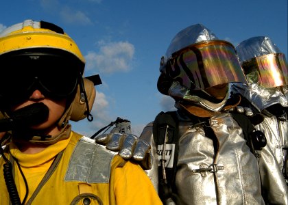 US Navy 030211-N-4048T-044 Sailors assigned to the Crash and Salvage Team conduct a flight deck fire drill