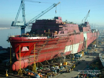 US Navy 030213-N-0000N-002 The amphibious transport dock ship San Antonio (LPD 17) is scheduled for launching in July of this year and should be commissioned in 2005
