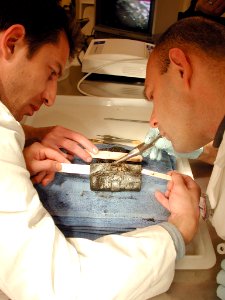 US Navy 030221-O-0000O-002 Scientists at the Warren Lash Conservation Center examine a Civil War-era wallet found during excavation of the Confederate submarine H.L. Hunley