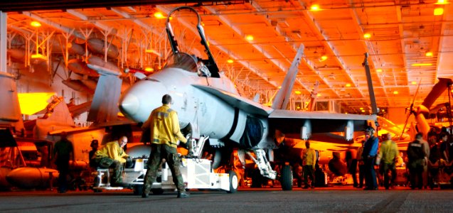 US Navy 021210-N-3235P-501 directing a Hornet into position in ship's hangar bay