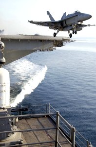 US Navy 030201-N-4142G-005 An F-A-18C Hornet assigned to the Kestrels of Strike Fighter Squadron One Three Seven (VFA-137) launches from a waist catapult aboard the aircraft carrier USS Constellation (CV 64)