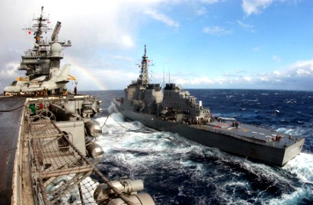 US Navy 021210-N-1810F-001 Japanese Maritime Self Defense Force (JMSDF) ship Chokai (DDF 176) come along side the Kitty Hawk to receive fuel during a replenishment at sea (RAS)