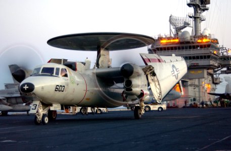 US Navy 030228-N-1810F-010 E-2C Hawkeye maneuvers the flight deck aboard USS Kitty Hawk CV 63