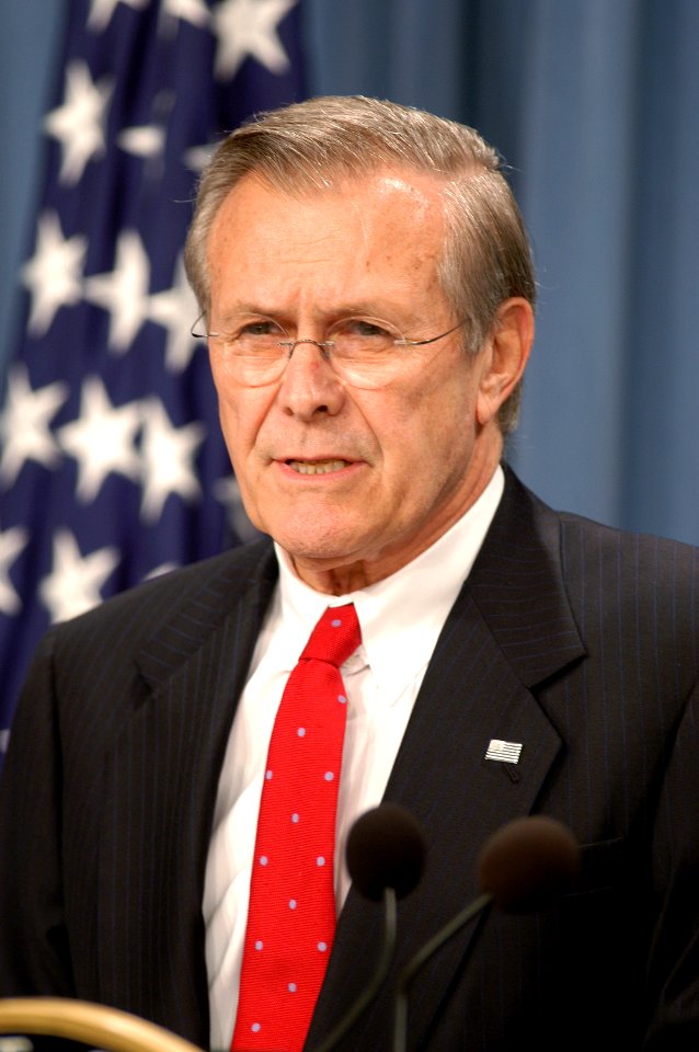 US Navy 030320-D-9880W-005 Donald H. Rumsfeld, Secretary of Defense, briefs media reporters in the Pentagon