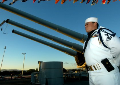 US Navy 041111-N-3019M-003 Machinist's Mate 2nd Class Ferlin Espinal, assigned to the Naval Station Pearl Harbor Ceremonial Color Guard