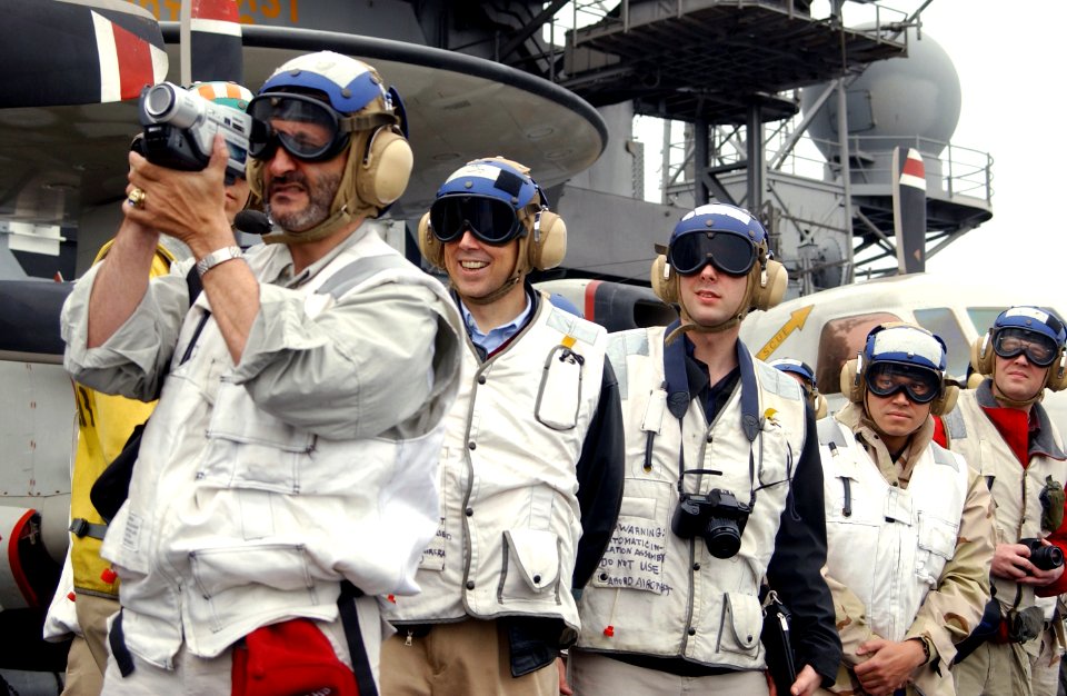 US Navy 030307-N-1810F-003 The Honorable Richard H. Jones (second from left), United States Ambassador to Kuwait, and guests observe flight operations aboard USS Kitty Hawk (CV 63), America's oldest active warship