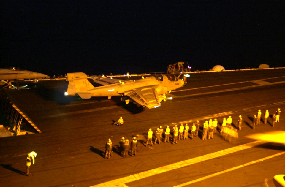 US Navy 030115-N-8273J-001 An EA-6B Prowler attached to the Black Ravens of Tactical Electronic Warfare Squadron One Three Five (VAQ-135) prepares for launch on one of four steam catapults on the shi