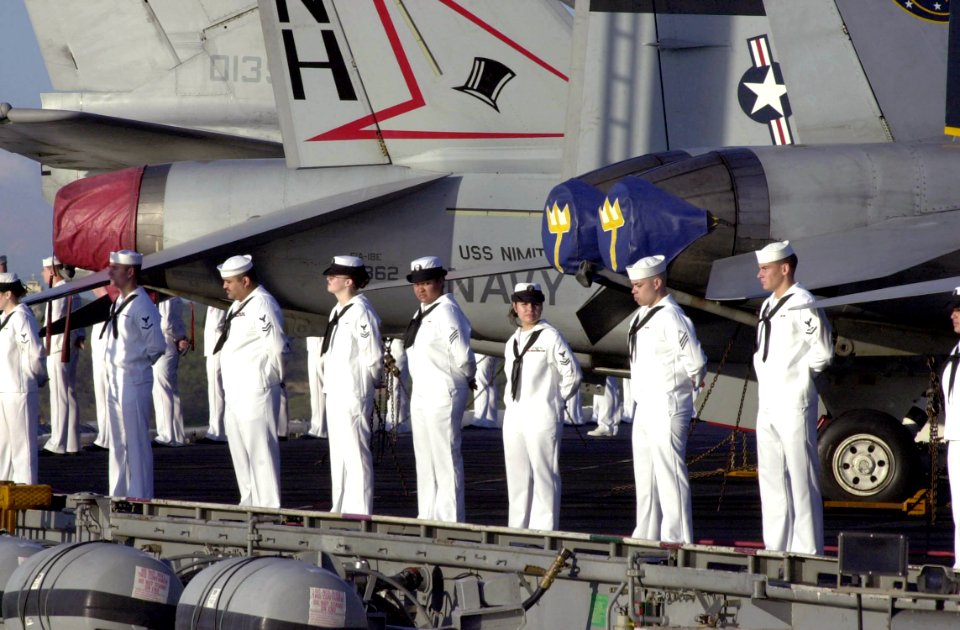 US Navy 030311-N-2143T-004 Crewmembers aboard the aircraft carrier USS Nimitz (CVN 68) man the rails and prepare to salute upon entering Pearl Harbor, Hawaii