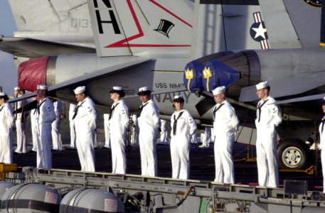 US Navy 030311-N-2143T-004 Crewmembers aboard the aircraft carrier USS Nimitz (CVN 68) man the rails and prepare to salute upon entering Pearl Harbor, Hawaii