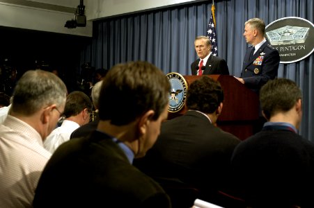 US Navy 030320-D-9880W-068 The Honorable Donald H. Rumsfeld, Secretary of Defense, and U.S. Air Force Gen. Richard B. Myers, Chairman of the Joint Chiefs of Staff brief media reporters in the Pentagon