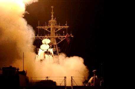 US Navy 030320-N-6141B-003 Tomahawk Land Attack Missiles (TLAM) launch from the ship's forward and aft MK-41 vertical launch systems (VLS) aboard the guided missile destroyer USS Donald Cook (DDG 75)
