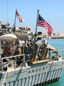 US Navy 030308-N-1050K-001 The mine countermeasures ship USS Ardent (MCM 12) refuels and provides her crew a few hours' break