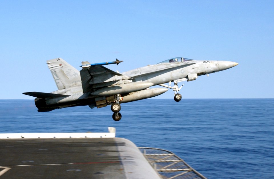 US Navy 030131-N-1810F-006 An F-A-18C launches from one of four steam-powered catapults on the ship's flight deck